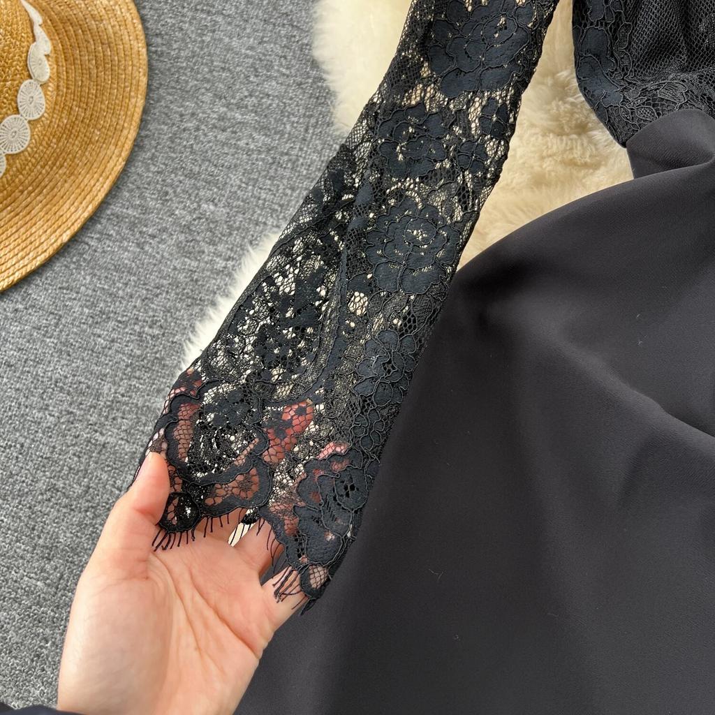 Vysoce kvalitní krajkové šaty Královská sestra Mladá Sexy Perspektivní Dlouhý rukáv Patchwork Slim fit Středně dlouhé Šifonové