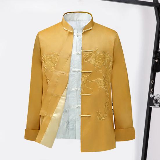 Camicia da uomo autunno primavera ricamo drago epoca stile cinese colletto alto colore abbinato monopetto manica lunga raso uomo capodanno