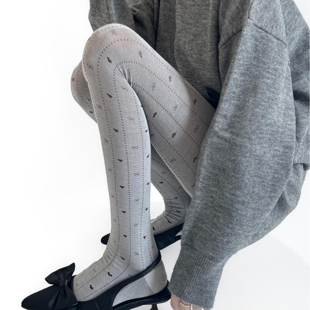 Gray Heart Bow Hollow Jacquard Patterns Women Stockings Sweet Girls Thigh High Stockings Women Tights Lingerie Pantyhose Female