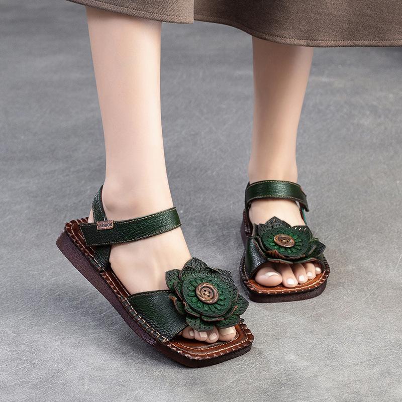 Fashion GKTINOO 2025 New Fashion Round Toe Hollow Genuine Leather Sandals Roman Shoes Breathable Sandals Flat Flower Women Sandals