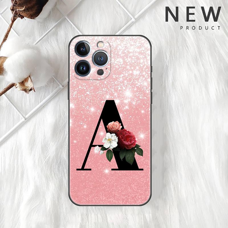 Letter A B C Flowers Pink Case For Apple iPhone 11 15 13 14 Pro Max 12 Plus X 15Pro Black Silicone Phone Coque