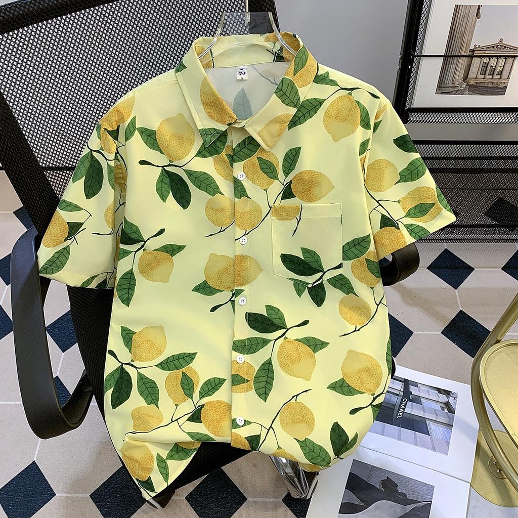 Hawaiian Full Printed Short-Sleeved Floral Shirt Men's Summer Thin Vacation Style Ice Silk Cool Half-Sleeved Loose Shirt