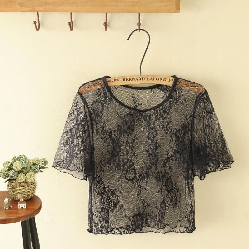 

Summer New Casual Loose Blouse round Neck Short-Sleeved Underwear Thin Outwear Vacation Temperament High Waist Women s Lace Shirt Black Tulle 3XL