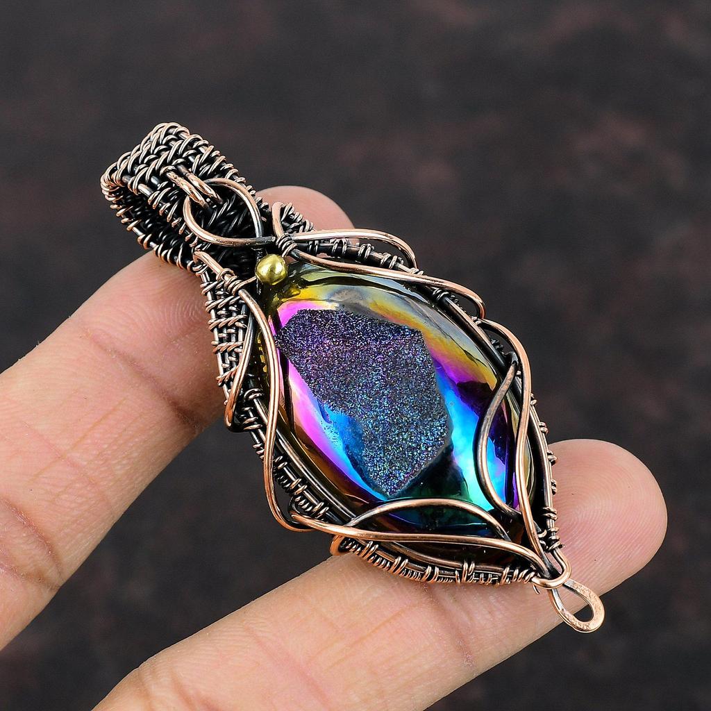 Titanium Druzy Pendant Copper Wire Wrapped Pendant Handmade Jewelry Gemstone Pendant Copper Wire Wrap Jewelry Designer Pendant Gift For Mom