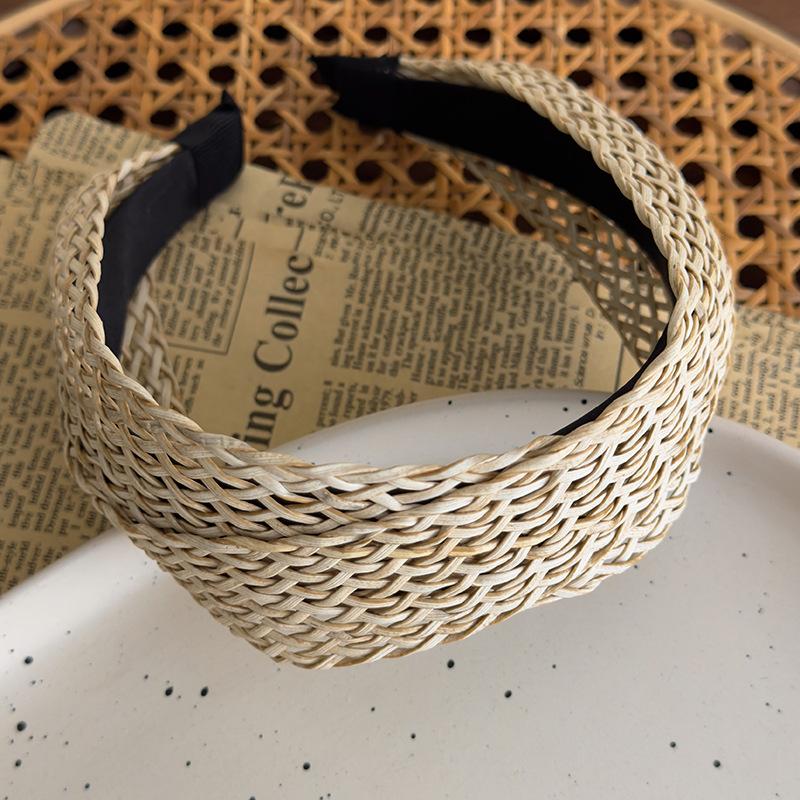 Women Bohemian Vintage Straw Woven Headband Wide Cross Design Hair Accessory Ladies
