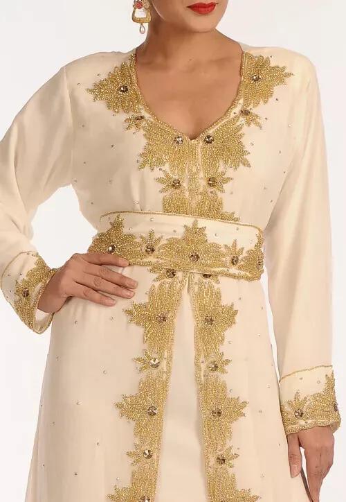 Moroccan Georgette Dubai Off White Abaya Wedding Fancy Party Festive Gown Dress