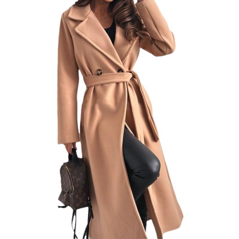2024 Autumn/Winter Simple Solid Color Double-Breasted Wool Blend Lapel Tie Coat