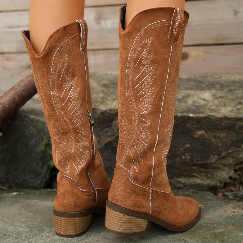 Women's Mid-calf Boots Classic Embroidered Western Cowboy Boots Retro Suede Leather Casual Boots Pointed Low Heel Long Tube Boot
