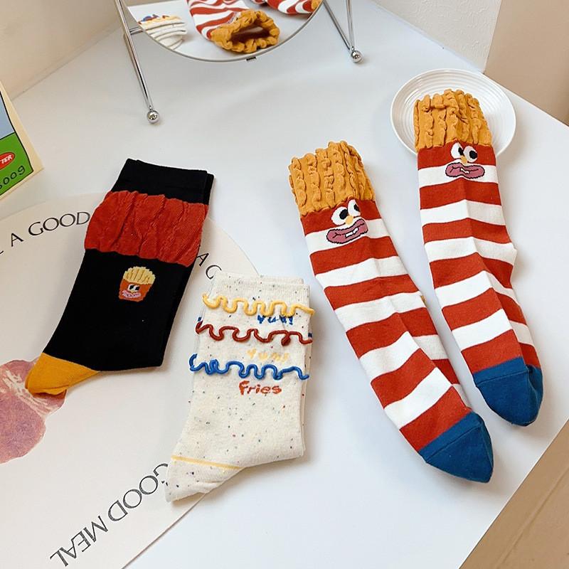 Fries Socks Rainbow Design Cute Female Cartoon Autumn/Winter Mid Tube Socks Stacking Socks Creative Funny Trendy Fashion Cotton Socks Don't Mess Up