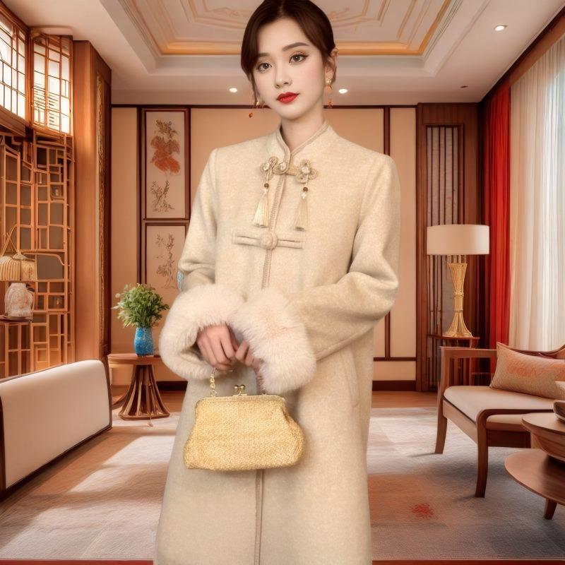 Autumn and Winter New Women's Elegant Slim-looking Vertical Collar Traditional Style Wool Coat with Knee Buckle