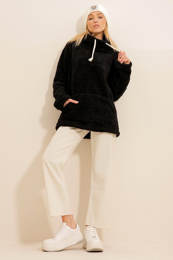 Women's Sweatshirt New Season Fashion Green Stand Collar Kangaroo Pocket Plush Sweatshirt