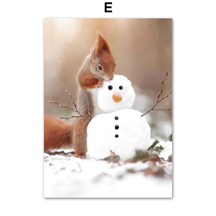 Snowboard Snømann Ekorn Hjort Snø Landskap Veggkunst Lerretsmaleri Plakater og utskrifter Veggbilder til stuedekor