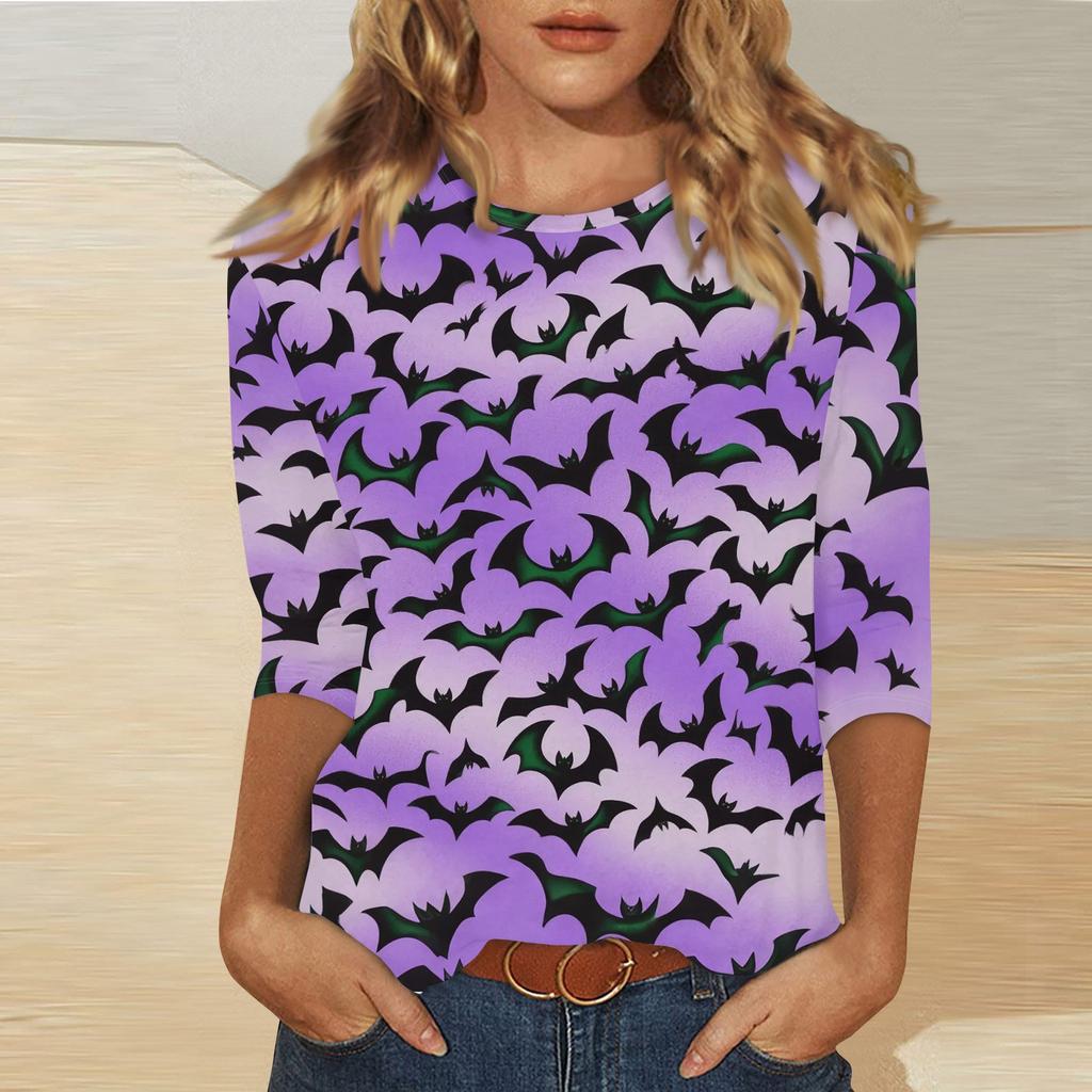 Women's Fashion Casual Three-quarter Sleeve Halloween Printed Round Neck Top