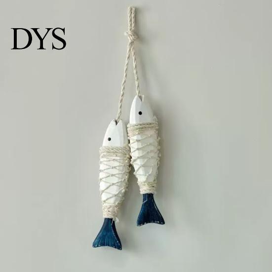 Seaside Wall Hanging Rustic Nautical Wooden Fish Decor, Coastal Beach Style Home Decor Ornament with Fishing Net for Lake House, Bedroom, Bathroom