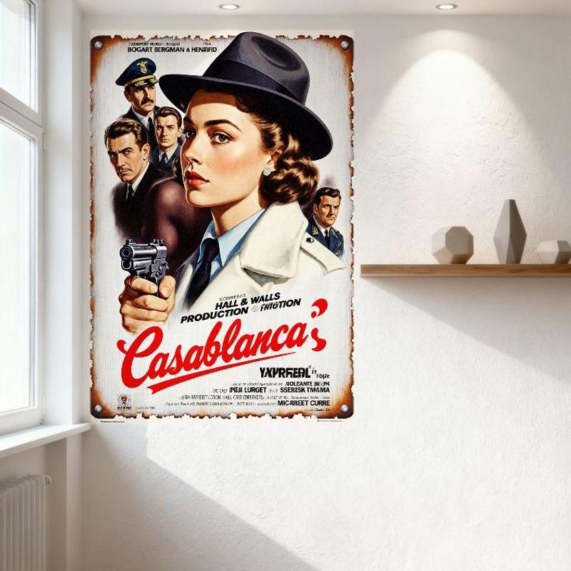 Vintage Casablanca Filmplakat Metallblechschild - Bogart Bergman Henreid, 1940er Film Noir Ästhetik Wanddeko für Bar Café Mann C