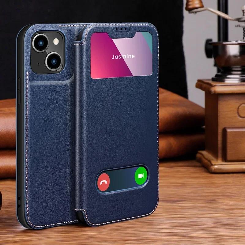 Pouzdro z pravé kůže s okénkem Smart View pro iPhone 16 Pro 17 Pro 15 14 13 12 11 XR XS Max 7 8 Plus SE 3 Magnetické Flipové Peněženkové Kryt