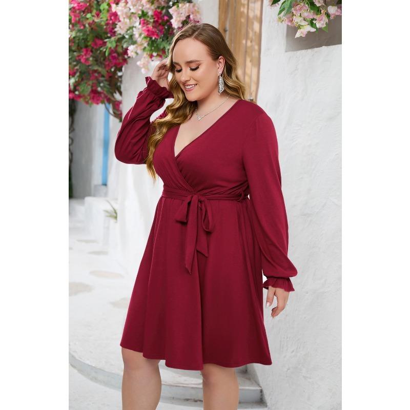 Spring and Autumn Women's Dress Plus Size Fashion Temperament Solid Color V-Neck Dresses