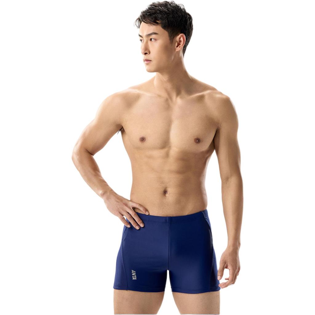 Anta Logo Print Elastic Waist Straight Leg Sports Swim Trunks Men Swimwear Blue 992227881-2