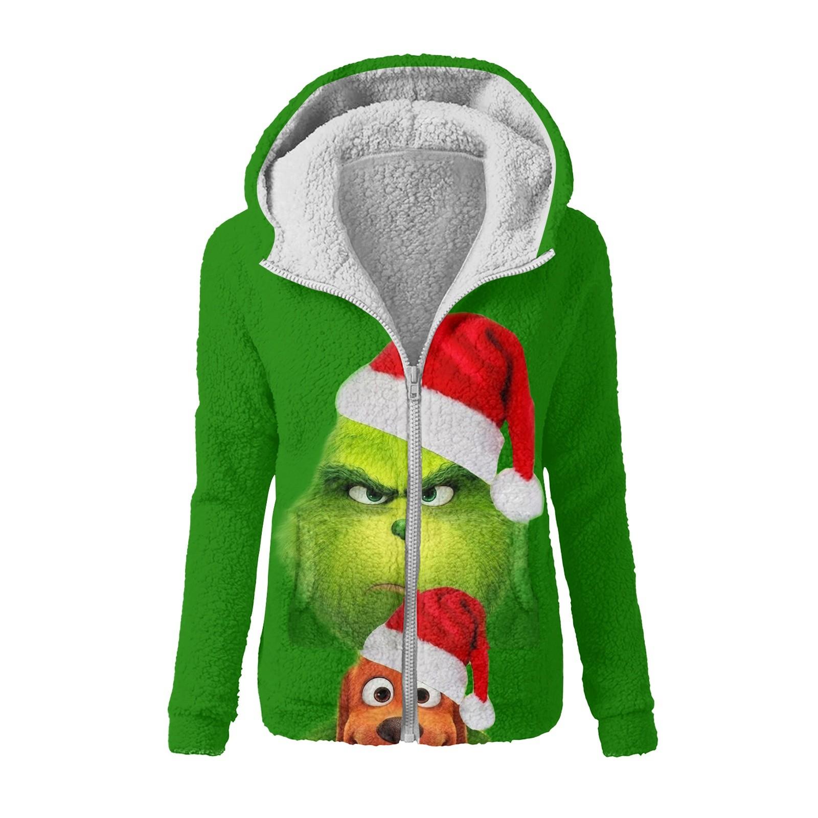 Women s Winter Print Casual Fashion Plush Hooded Zip Sweater Jacket XXL арбуз красный