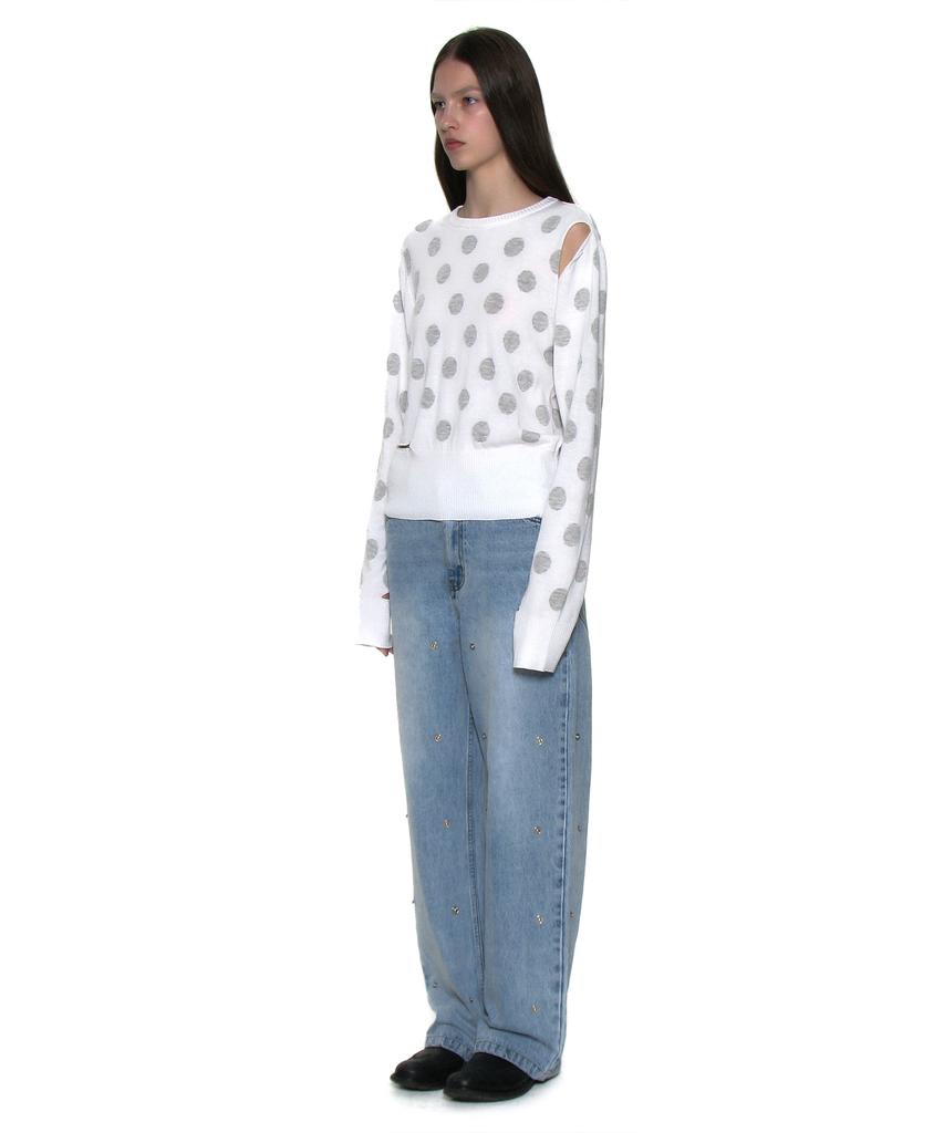 PARTIMENTO WOMEN Cutout Polka Dot Jacquard Knit Crew Neck_White