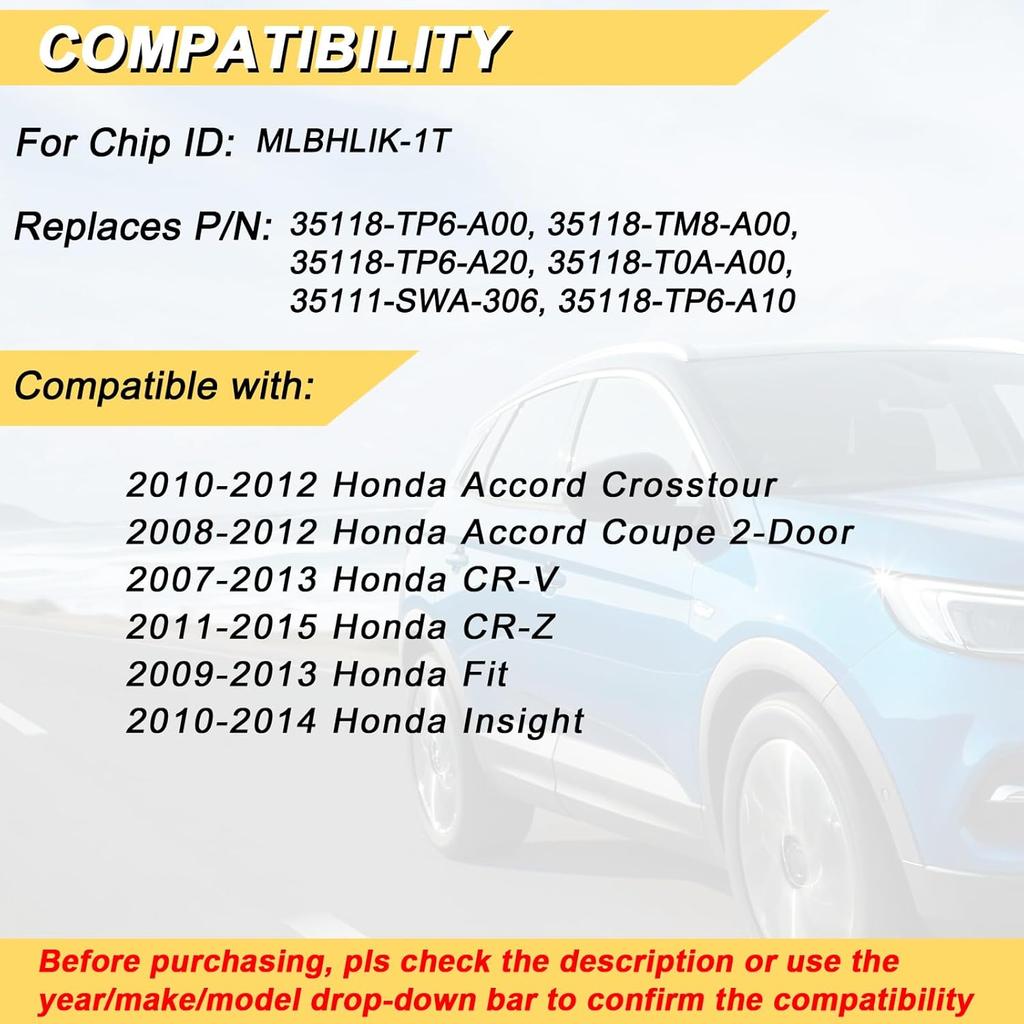 Key Fob Replacement for 08-12 Honda Accord/ 07-13 CRV/ 11-15 CR-Z/ 09-13 Fit/ 10-14 ight Car Keyless Entry Remote Control, MLBHLIK-1T, 3 Btn