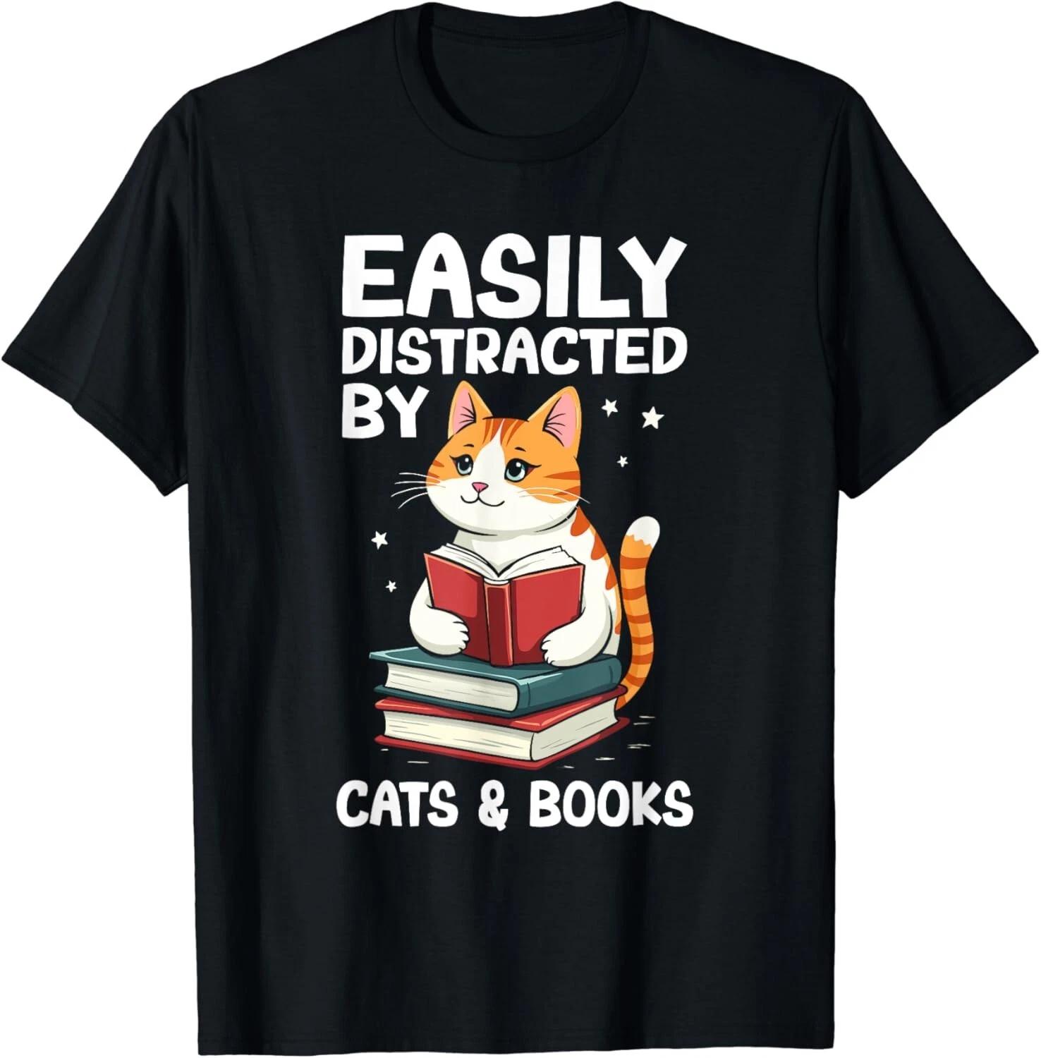 Funny Easily Distracted By Cats And Books Tee Gift Unisex T-Shirt M
