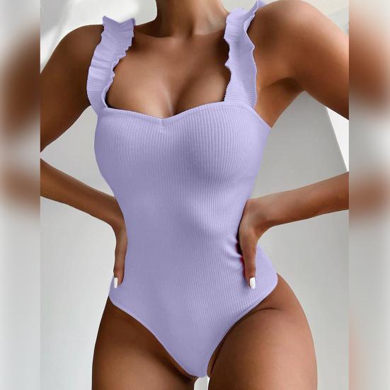 Square Collar Backless Ribbed Women Monokini Ruffle Shoulder Straps Solid Color One-piece