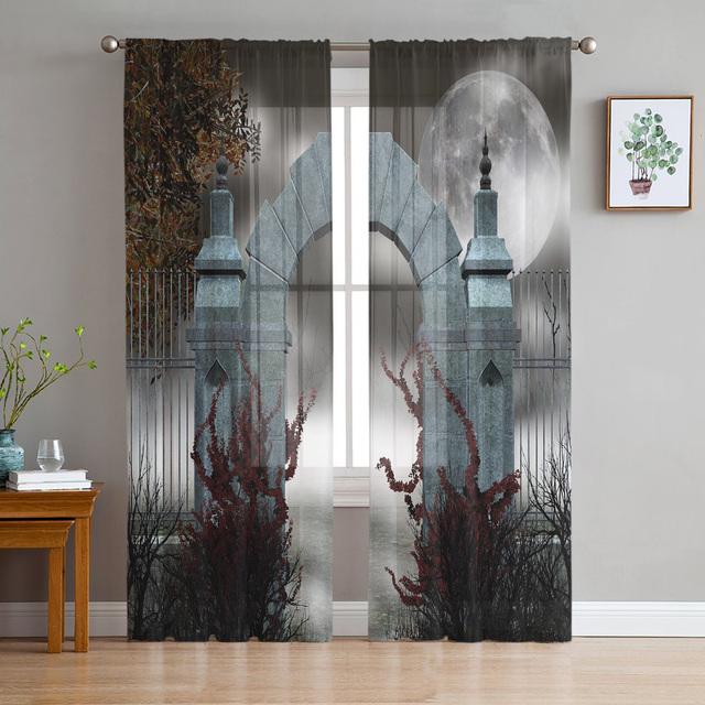 Braune Holztür Stein Ziegel Retro durchsichtige Fenstervorhänge für Wohnzimmer Küche Kinder Schlafzimmer Tüll Voile Hängevorhang