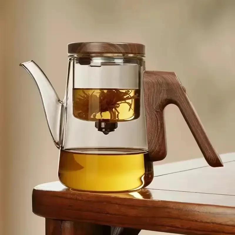 Elegant and Functional Glass Teapot with Heat-resistant Magnetic Suction Cup Separation and One-button Filter for Brewing Tea