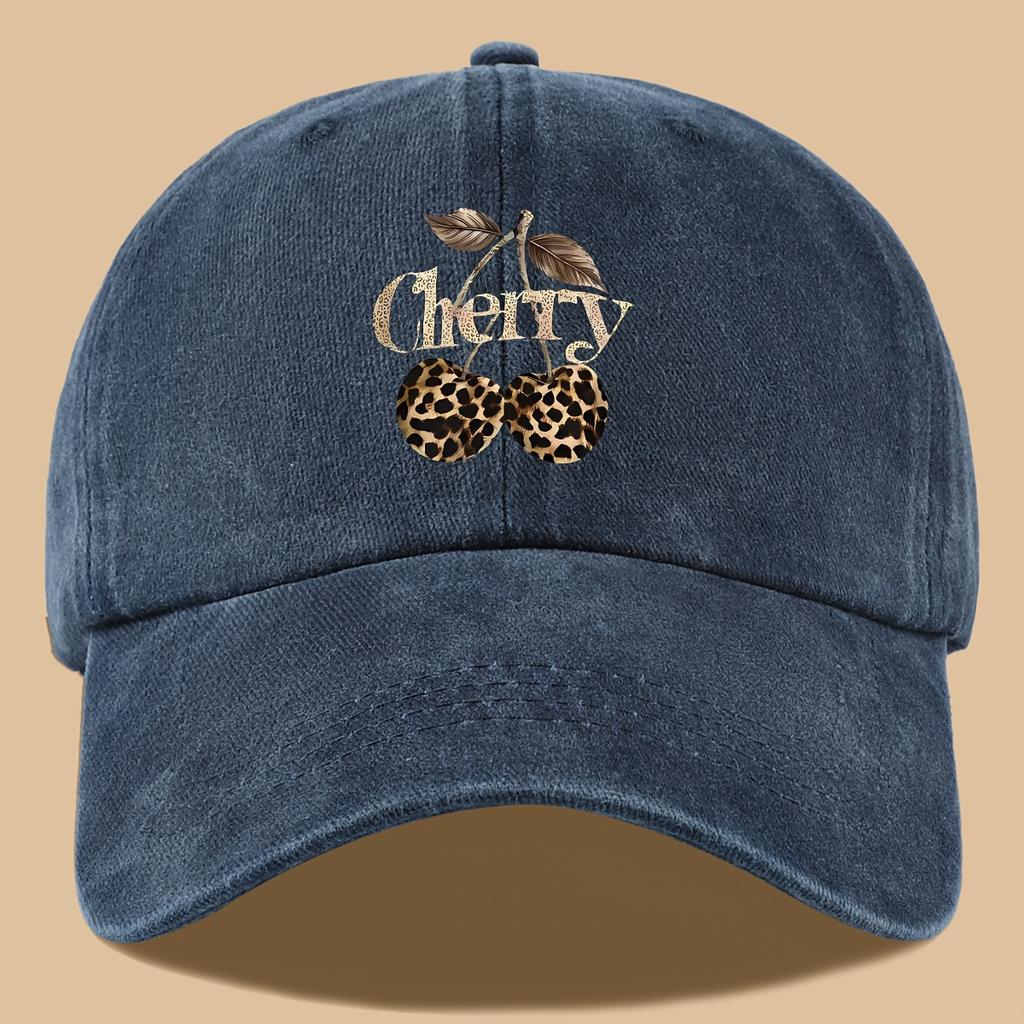 Leopard Print Baseball Cap Cherry Letters Unisex Daily Sun Hat Holiday or Birthday Gift for Cherry Enthusiasts