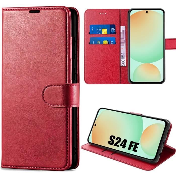 Coque Intégrale pour Samsung Galaxy S24 FE (pas pour S24) - Protection Rabat Cuir Synthétique Antichoc Rouge