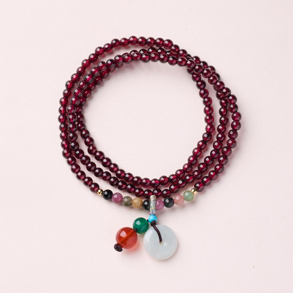 Natural Three-ring Garnet Bracelet for Women, Crystal Hetian Jade Bracelet, Gift, Light Luxury, Niche, Simple and Versatile Jewelry