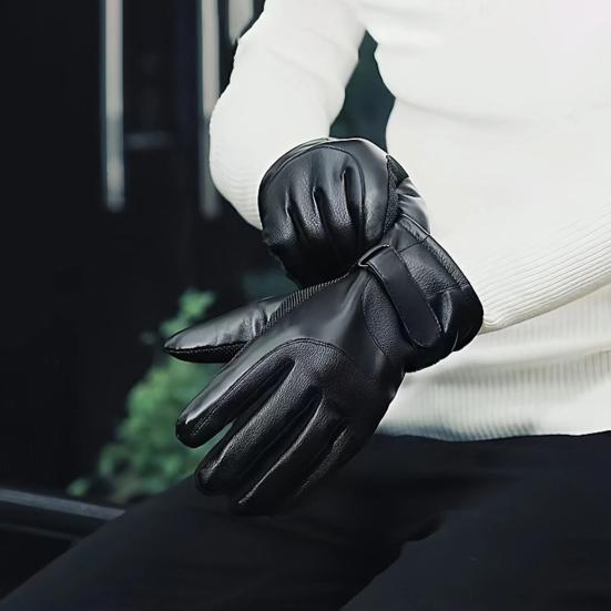 1 Pair Faux Leather Cycling Gloves Men Women Anti-slip Touchscreen Fleece Lined Gloves Winter Outdoor Cold Weather Wind-proof Warm Thick Thermal