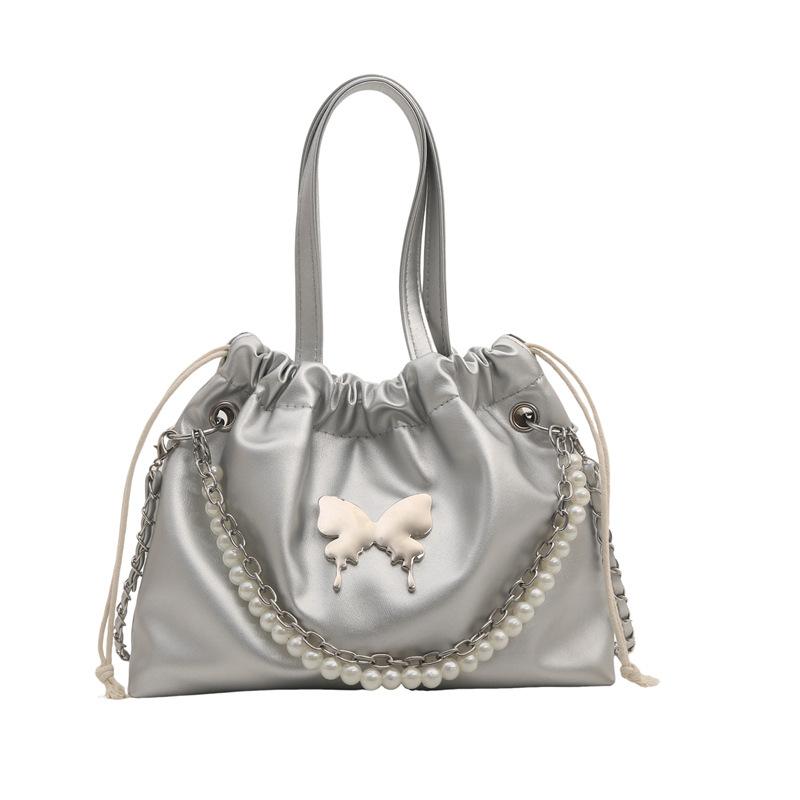 Women'S Bag Fashion Pearl Bucket Bag Texture Pu Handbag Simple Versatile Shoulder Bag