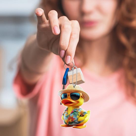 Car Rearview Mirror Pendant Cartoon Duck Key Chain 2D Acrylic Flat Car Ornament Safe Driving Accessory