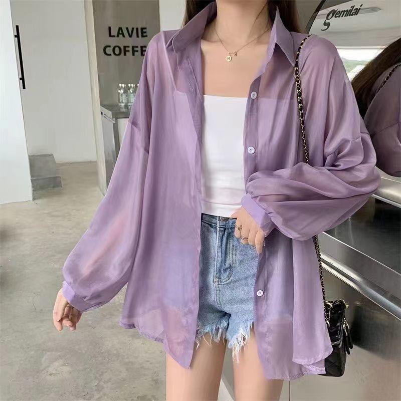 Magliette Solari Estive Donna Trasparenti Sottili Chic Semplici Monocolore Protezione Solare Ampie All-match Abbigliamento Base