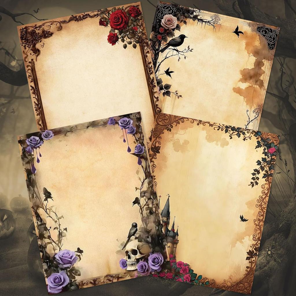 Whaline 60 Sheet Halloween Stationery Paper 4 Gothic Style Border Letterhead Vintage Skull Rose Castle Writing Paper for Invitation Office Printing,