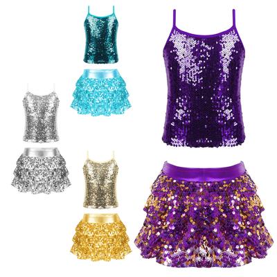 Kids Girls Two-Piece Dance Outfit Sparkly Sequined Camisole Tops with Tiered Ruffle Skirted Shorts Culottes