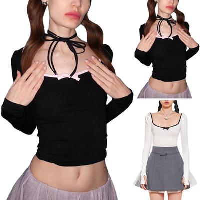 Moda feminina sexy sem costas contrastante cor envolvente peito tipo camiseta emagrecedora gola quadrada umbigo top curto