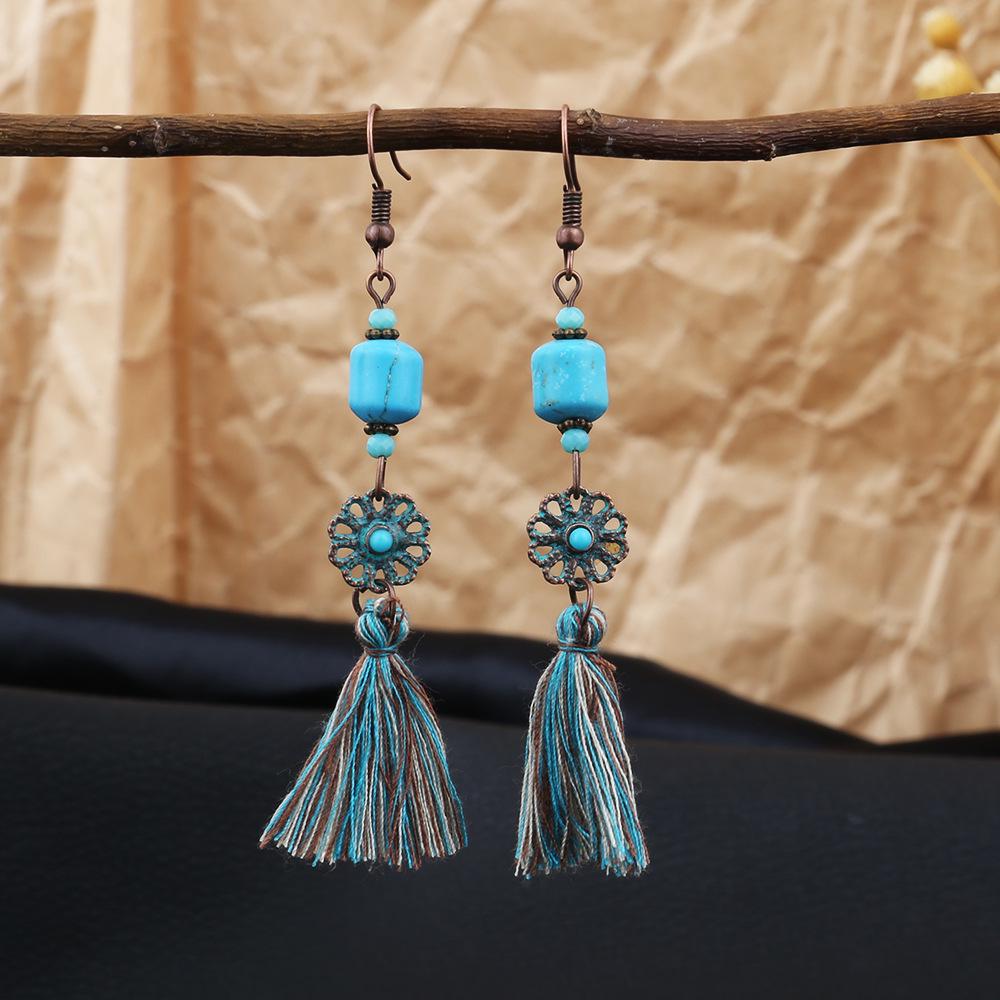 Turquoise Bohemian Owl Feather Tassel Earrings - Bronze Geometric Carved Design with Palm and Dreamcatcher Elements