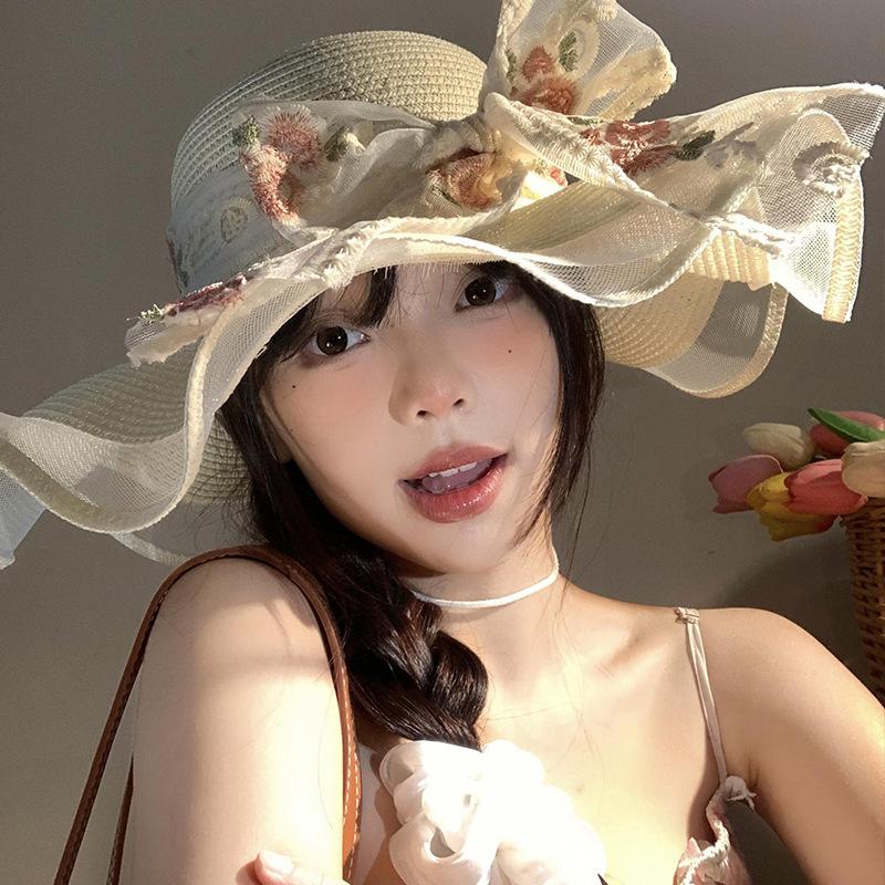 Sweet Cute Lace Edge Straw Hat For Women Spring Summer Bowkont Large Brim Sunshade Caps  Foldable Beach Cap Gifts
