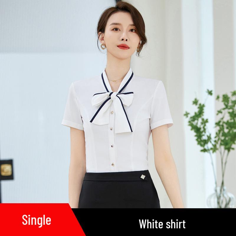 

Женская белая блузка с коротким рукавом - Элегантная рубашка для работы на лето 2024 Small