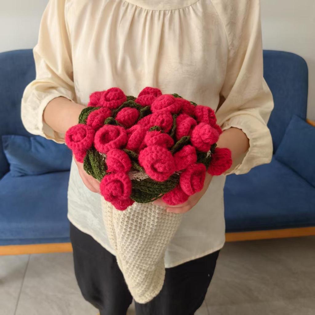 Handmade Knitted Rose Bouquet Round Crochet Flower Blanket