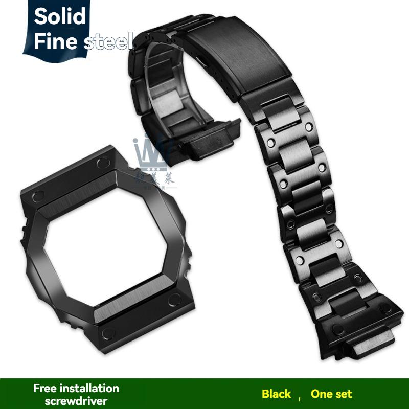 GX56/GWX56 Watch Band + Metal Bezel Case Strap for Casio G-Shock GXW56/GWX56BB -Stainless Steel Silver/Black + Replacement Tools