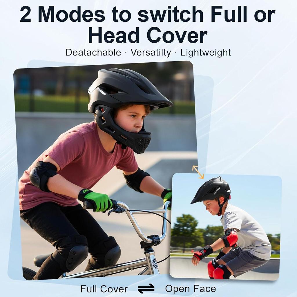 Kids Full Face Bike Helmet 2-in-1 Detachable Lightweight for Cycling Skateboard Scooter, Adjustable MTB BMX Helmet for Boys Girls Ages 4-10