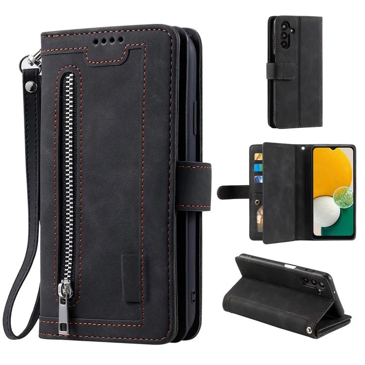 

For Samsung Galaxy S24 FE Case Zipper Pocket PU Leather Phone Cover with 9 Card Slots - Black
