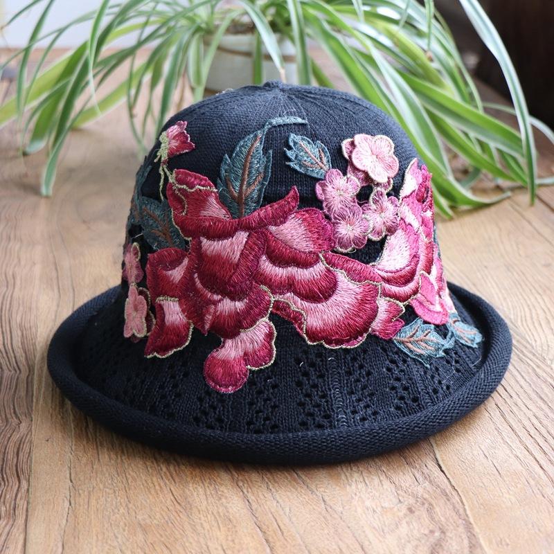 Vår og sommer etnisk vind broderi blomst sammenleggbar hatt dame strikkelue sandbøttehatt