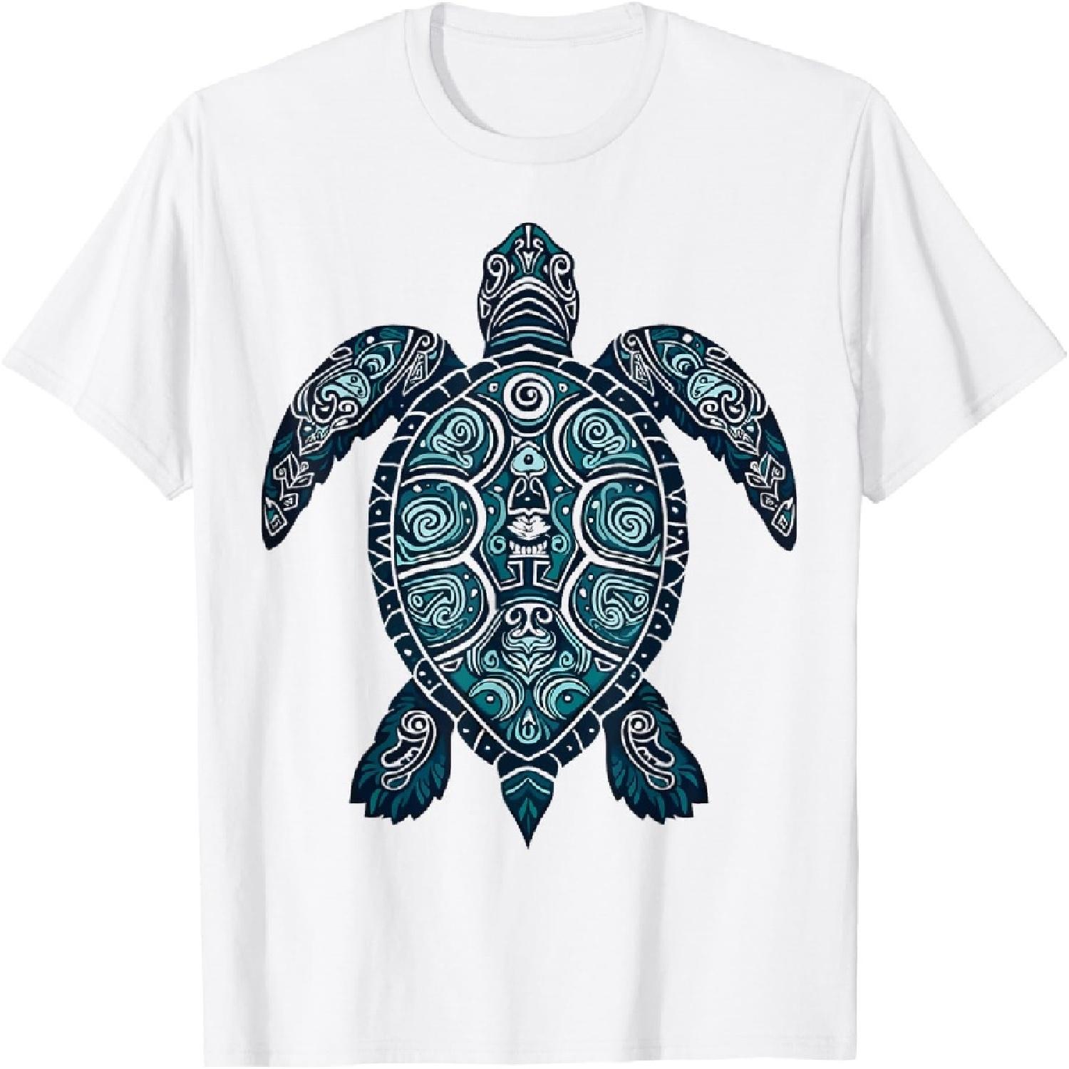 Polynesian Blue Tribal Sea Turtle Tropical Island Maori Art T-Shirt S