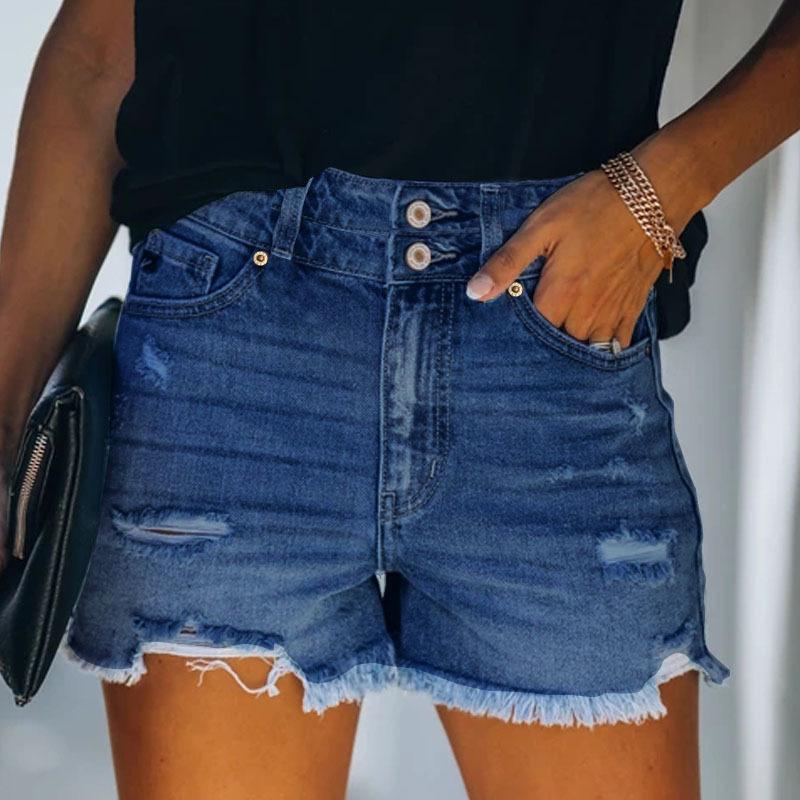2026 New Women s Denim Platform Four-Color Ripped High-Waisted Denim Shorts S темно-синий