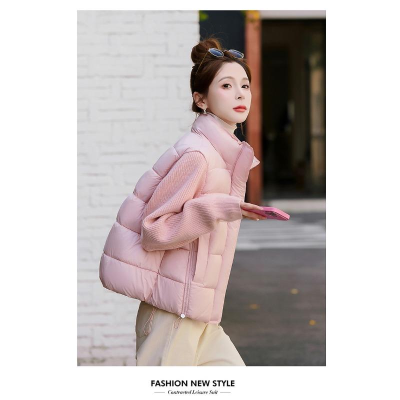 Women Short Cotton Jacket Stand Collar Long Sleeve Solid Color Casual Winter Coat